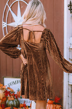Brown Tie Back Velvet Babydoll Dress