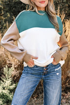 Green Color Block Plain Ribbed Knit Baggy Sweater