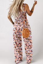 Green Floral Print Smocked High Waist Square Neck Jumpsuit