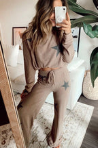 Khaki Retro Star Print Loose Long Sleeve Drawstring Wide Leg 2pcs Lounge Set