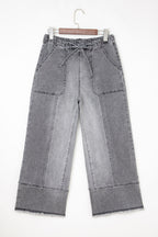Gray Drawstring Seam Detail Raw Hem Wide Leg Denim Pants