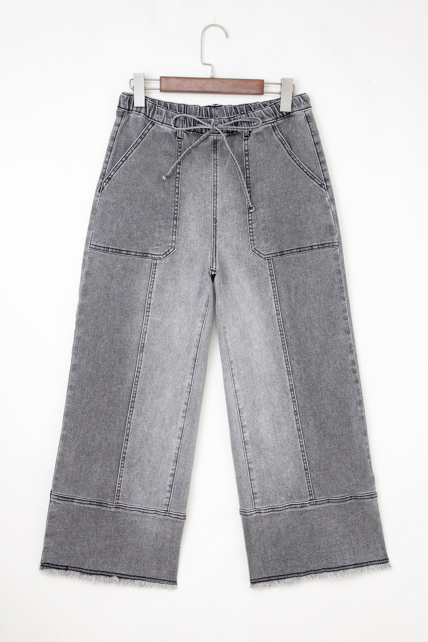 Gray Drawstring Seam Detail Raw Hem Wide Leg Denim Pants