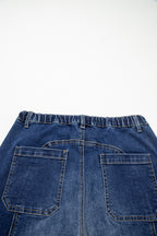 Prussian Blue Drawstring Seam Detail Raw Hem Wide Leg Denim Pants