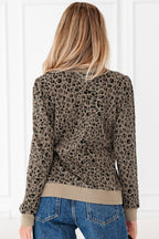 Khaki Ribbed Trim Leopard Print Long Sleeve Top
