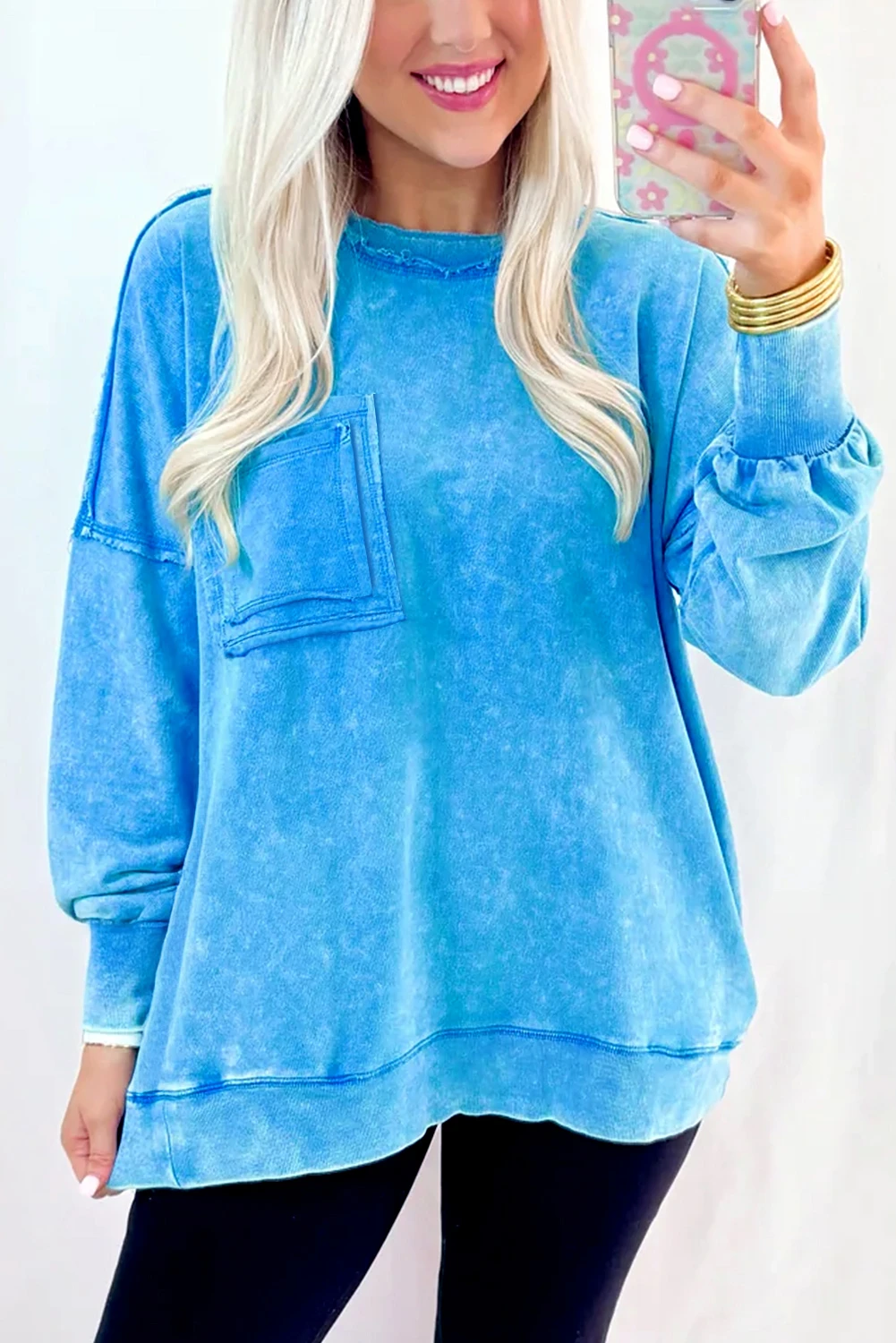 Blue Mineral Wash Raw Seam Double Patched Pocket Pullover