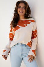 Beige Bold Flower Pattern Wide Sleeve Baggy Sweater