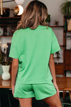 Mint Green V Neck Drop Shoulder Tee and Patchwork Drawstring Elastic Waistband Shorts Set