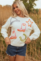 White Tinsel Western Boots Horseshoe Star Knit Crew Neck Sweater