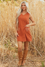 Gold Flame Corduroy Western Embroidered Patched Pocket Shift Sleeveless Mini Dress