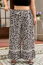 Khaki Exposed Seam Patched Pocket Plus Size Drawstring Leopard Wide Leg Pants