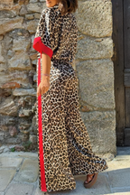 Multicolour Leopard Print Contrast Detail Short Sleeve Shirt and Loose Pants Set