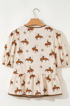 Apricot Cowboy Print Puff Sleeve Bowknot Peplum Blouse
