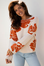 Beige Bold Flower Pattern Wide Sleeve Baggy Sweater