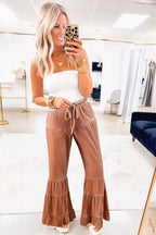 Straw Yellow Mineral Wash Lace-up High Waist Tiered Bell Bottom Pants