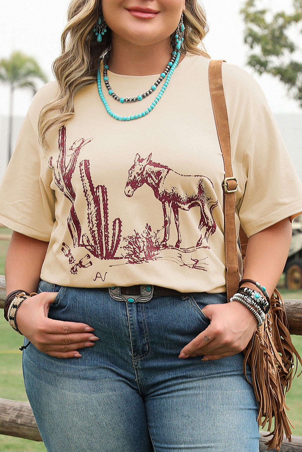 Parchment Western Burro Cactus Crew Neck Graphic Tee