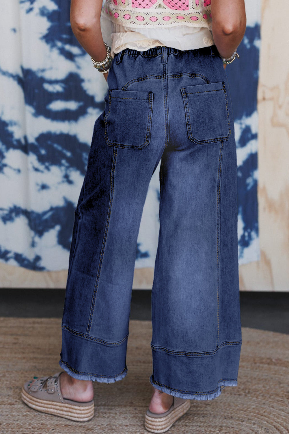 Prussian Blue Drawstring Seam Detail Raw Hem Wide Leg Denim Pants