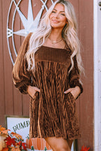 Brown Tie Back Velvet Babydoll Dress