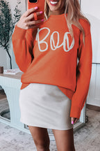 Black Boo Knitted Pattern Ribbed Edge Drop Shoulder Sweater