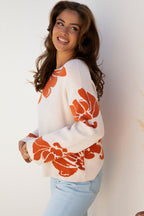 Beige Bold Flower Pattern Wide Sleeve Baggy Sweater