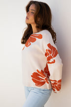 Beige Bold Flower Pattern Wide Sleeve Baggy Sweater