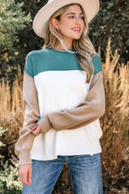 Green Color Block Plain Ribbed Knit Baggy Sweater