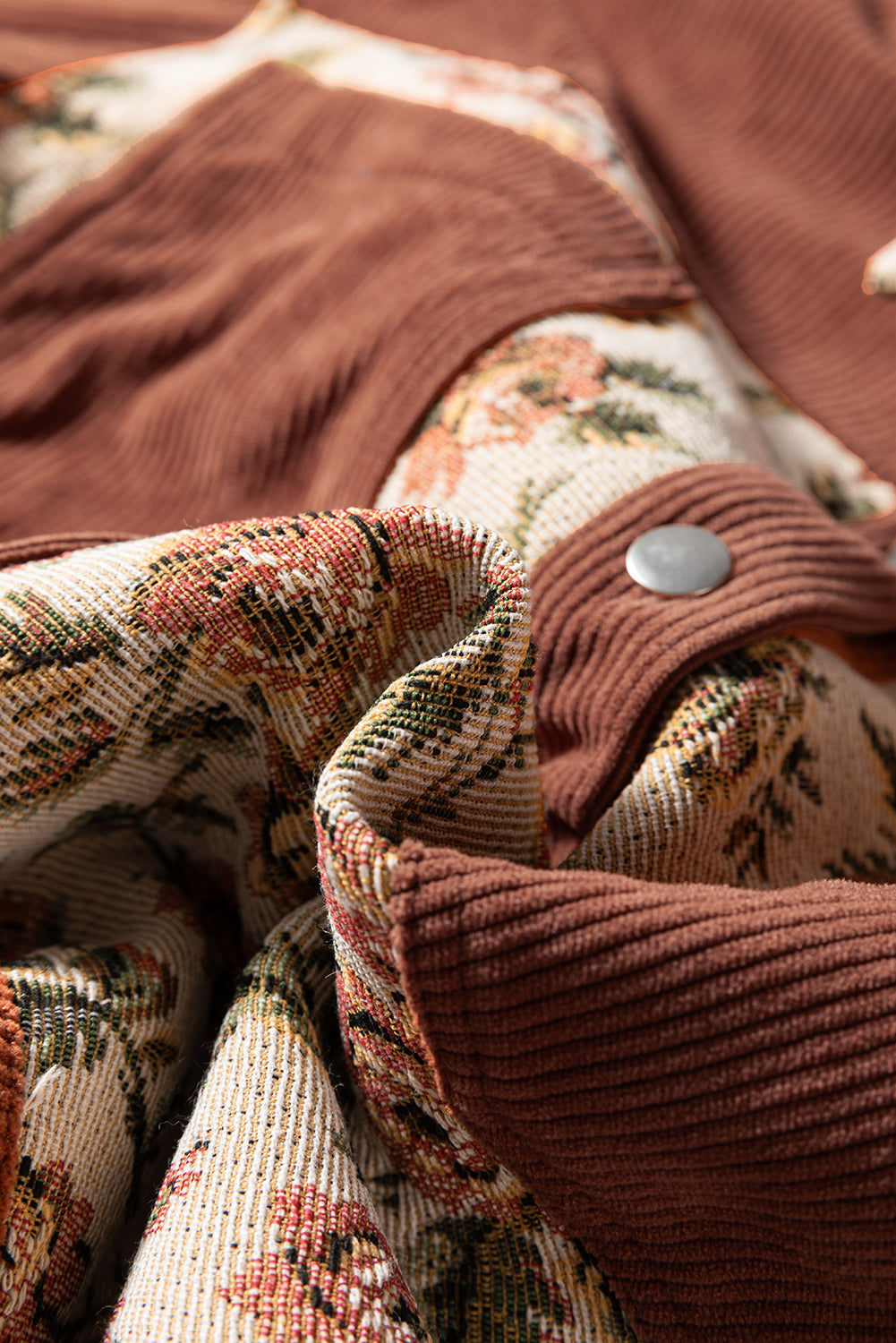 Clay Ribbed Retro Floral Patchwork Shirt Style Jacket