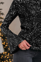 Black Sequin Mock Neck Drape Open Back Bell Sleeve Top