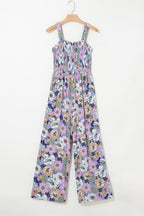 Green Floral Print Smocked High Waist Square Neck Jumpsuit