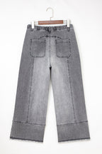 Gray Drawstring Seam Detail Raw Hem Wide Leg Denim Pants