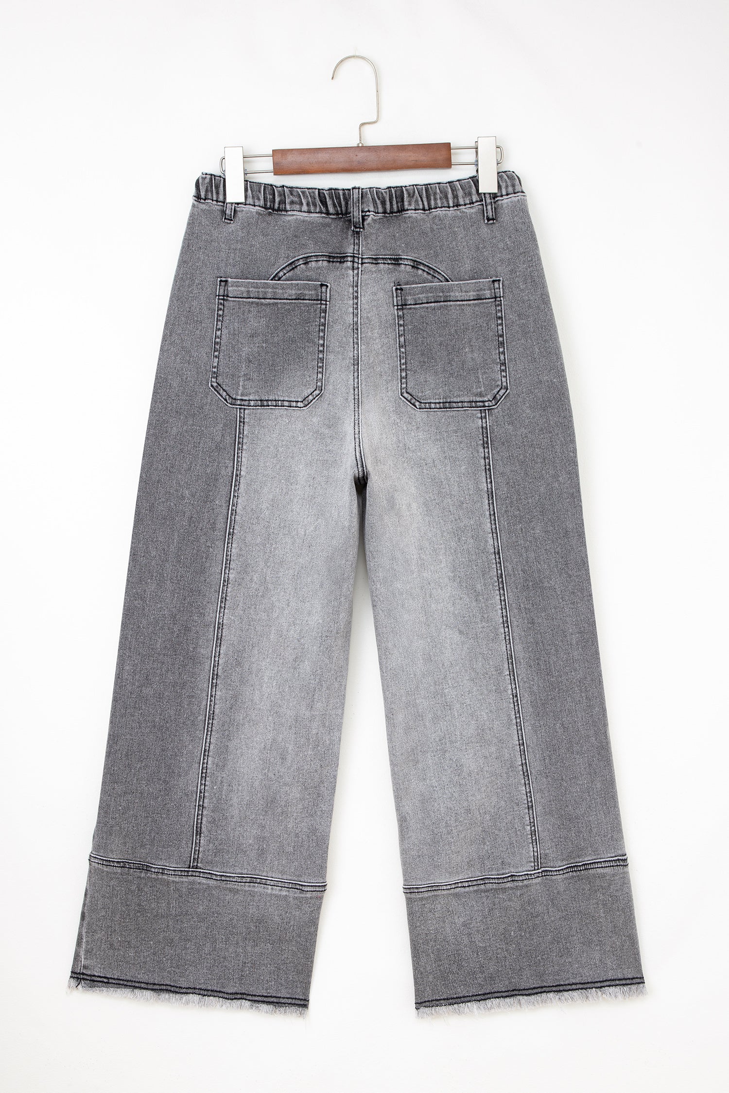 Gray Drawstring Seam Detail Raw Hem Wide Leg Denim Pants
