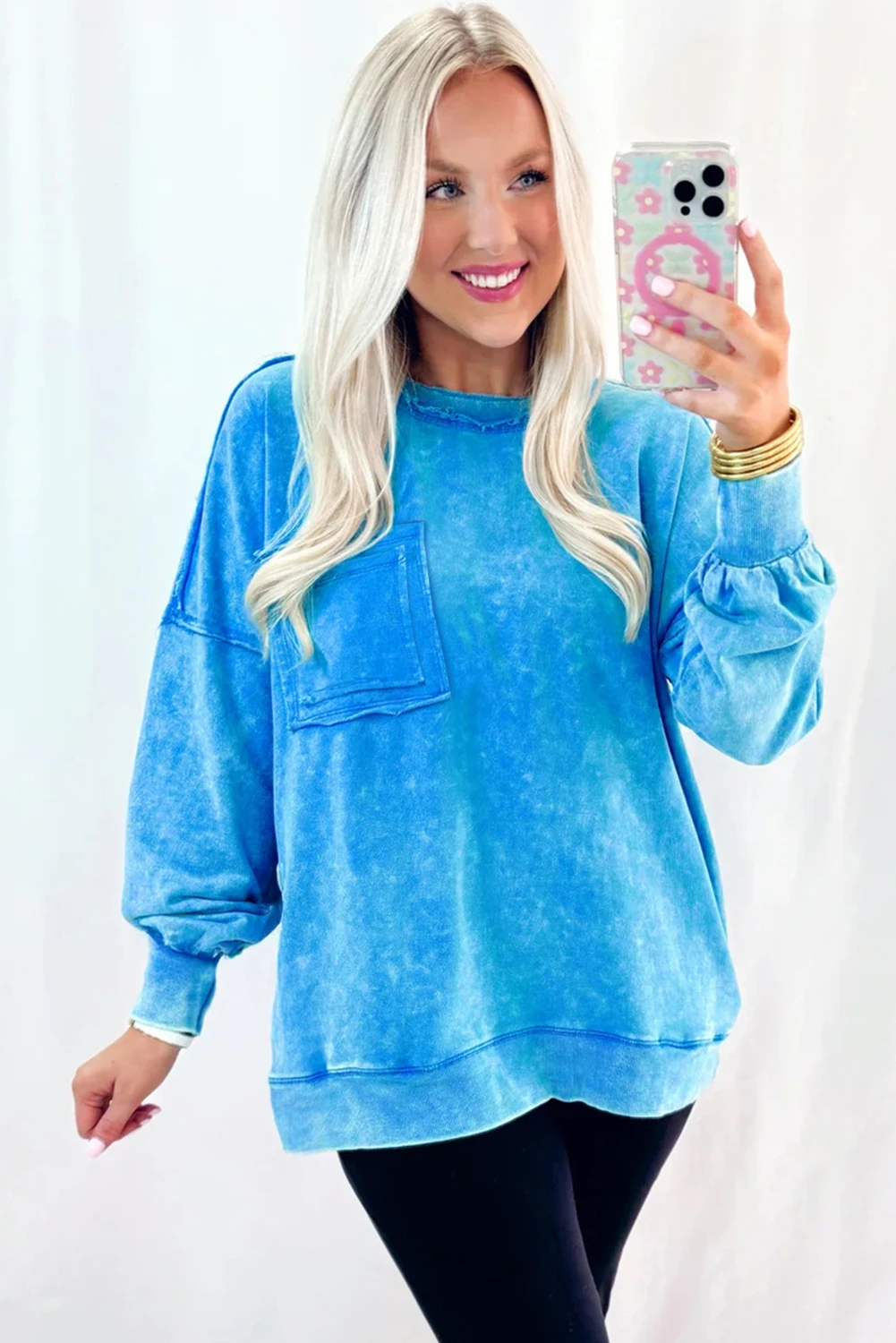 Blue Mineral Wash Raw Seam Double Patched Pocket Pullover
