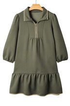 Jungle Green Quarter Zip Collar Bracelet Sleeve Textured Mini Dress