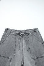 Gray Drawstring Seam Detail Raw Hem Wide Leg Denim Pants