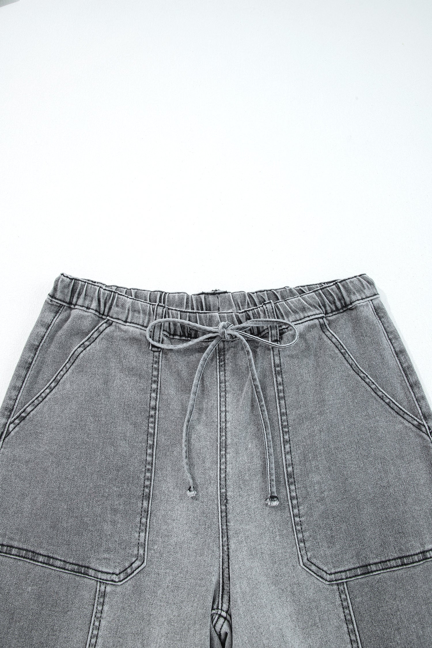 Gray Drawstring Seam Detail Raw Hem Wide Leg Denim Pants