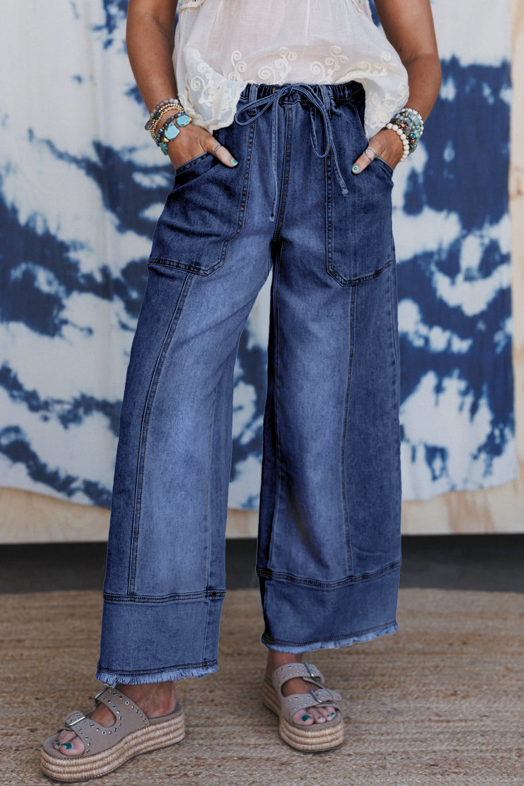 Prussian Blue Drawstring Seam Detail Raw Hem Wide Leg Denim Pants