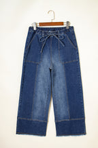 Prussian Blue Drawstring Seam Detail Raw Hem Wide Leg Denim Pants