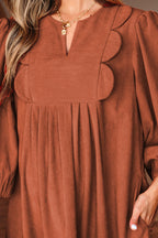 Cinnamon Bracelet Sleeve Split Neck Scallop Detail Pleated Corduroy Mini Dress