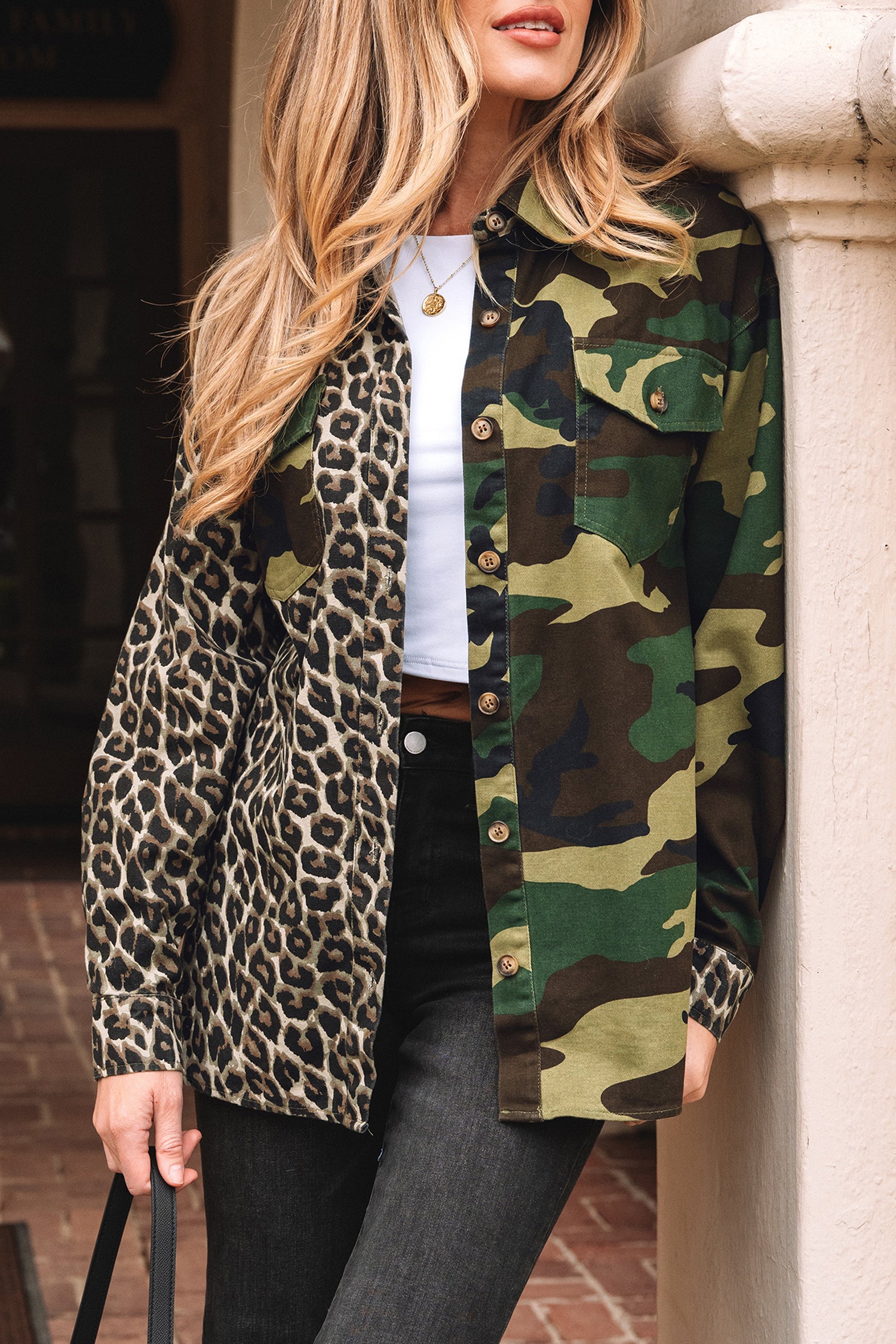Brown Leopard Camo Patchwork Oversize Shacket