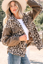 Brown Sherpa Leopard Print Flap Pocket Collared Button Up Jacket