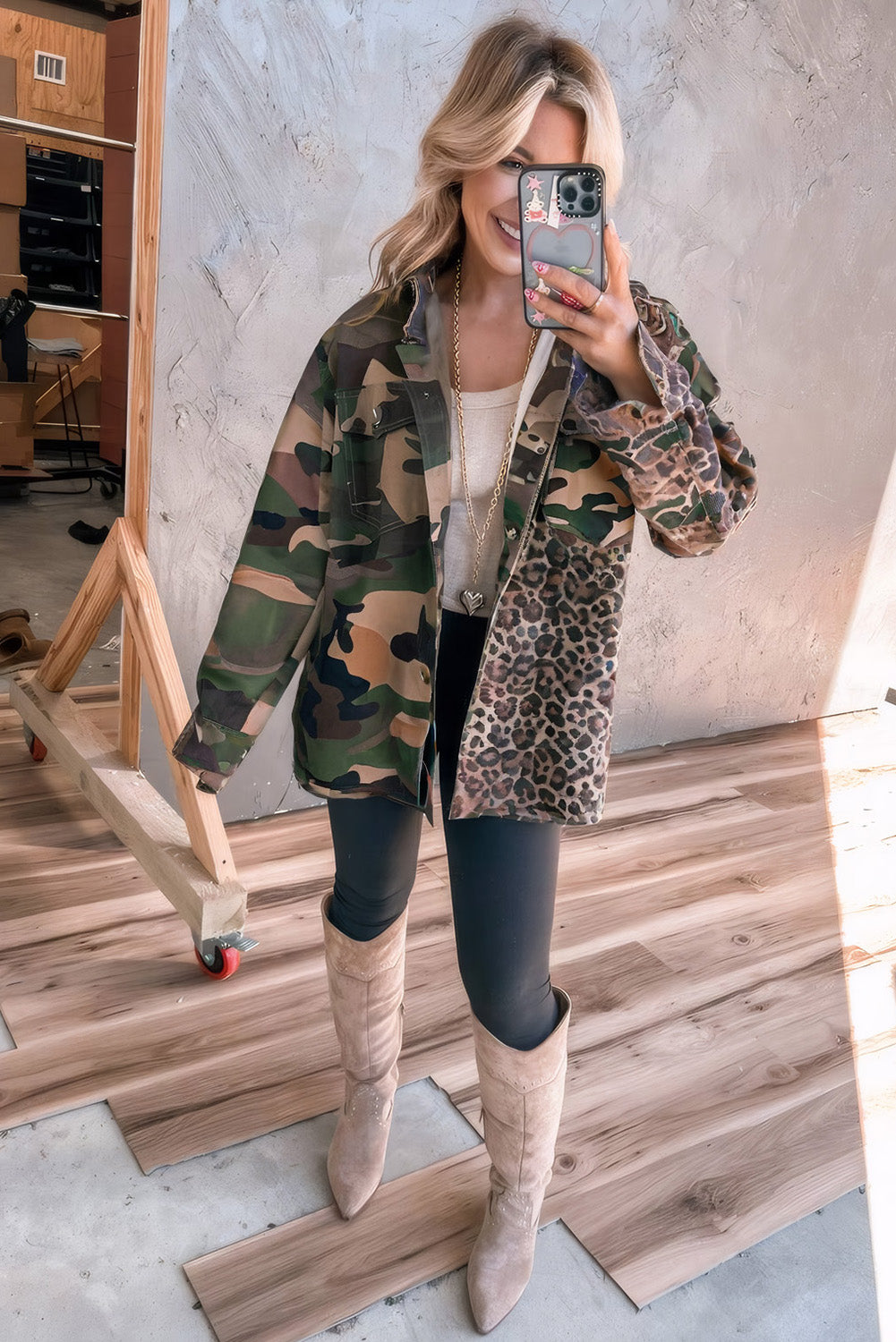 Brown Leopard Camo Patchwork Oversize Shacket