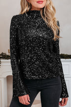 Black Sequin Mock Neck Drape Open Back Bell Sleeve Top