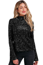Black Sequin Mock Neck Drape Open Back Bell Sleeve Top