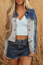 Dusk Blue Color Block Patchwork Flap Detail Distress Denim Jacket