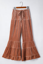 Straw Yellow Mineral Wash Lace-up High Waist Tiered Bell Bottom Pants
