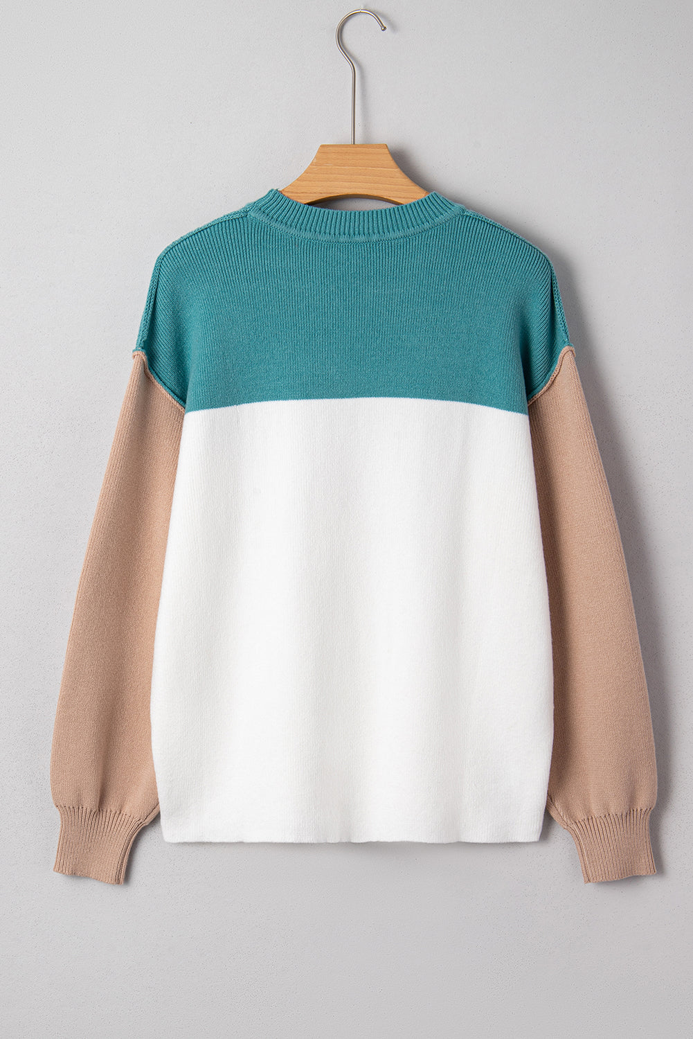Green Color Block Plain Ribbed Knit Baggy Sweater