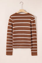 Chestnut Tie Front Striped Knit V Neck Cardigan Sweater