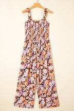 Green Floral Print Smocked High Waist Square Neck Jumpsuit