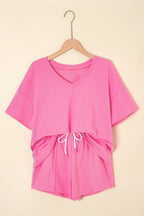 Bonbon V Neck Drop Shoulder Tee and Patchwork Drawstring Elastic Waistband Shorts Set