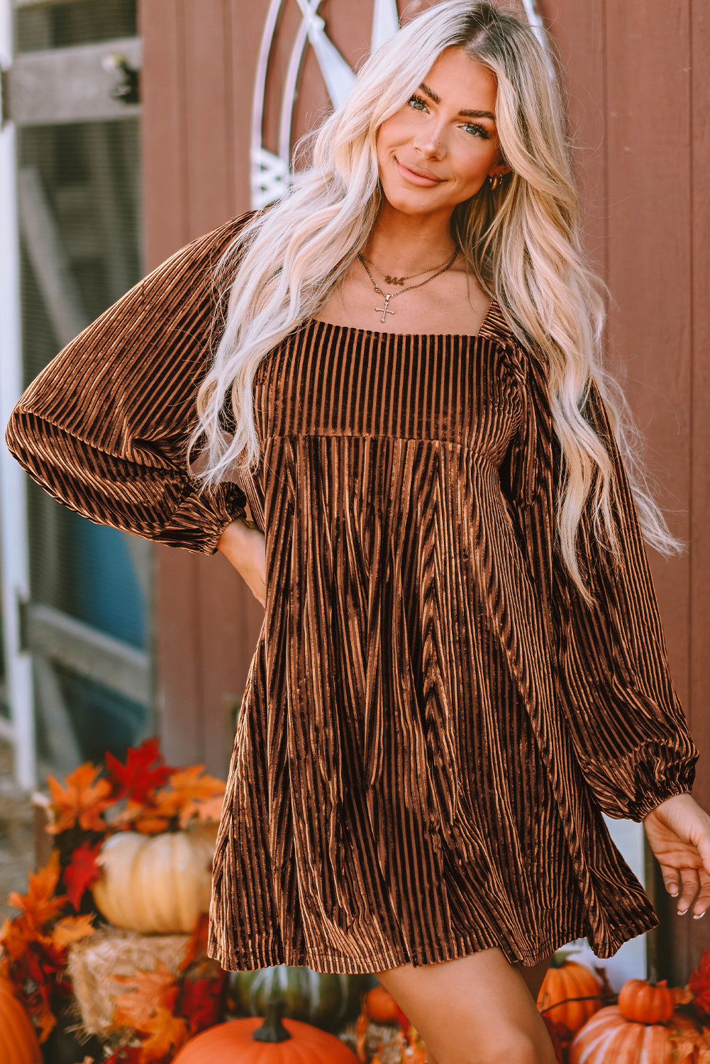 Brown Tie Back Velvet Babydoll Dress