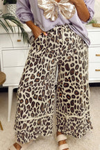 Khaki Leopard Wide Leg Cropped Pants